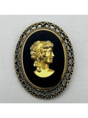 Vintage Victorian Revival Cameo Brooch Black Glass Gold-Tone Filigree Pendant RE